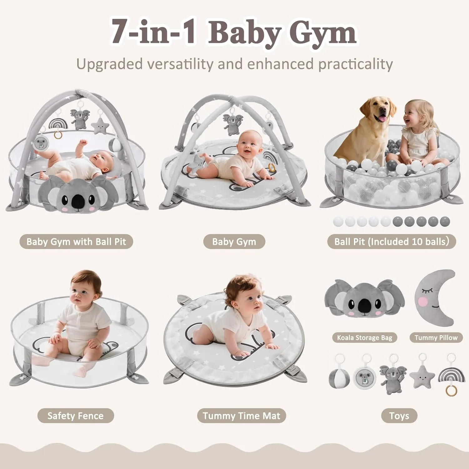 7-in-1 XL Large Baby Play Gym Mat, Tummy Time Mat, Baby Activity Mat, Baby Gym & Ball Pit with Tummy Time Pillow, 10 Balls, Milestone Cards & 5 Detachable Toys Grey Koala