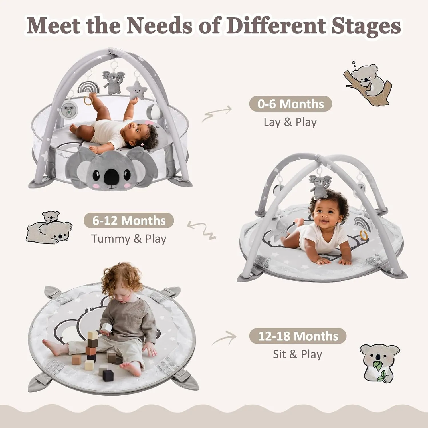 7-in-1 XL Large Baby Play Gym Mat, Tummy Time Mat, Baby Activity Mat, Baby Gym & Ball Pit with Tummy Time Pillow, 10 Balls, Milestone Cards & 5 Detachable Toys Grey Koala