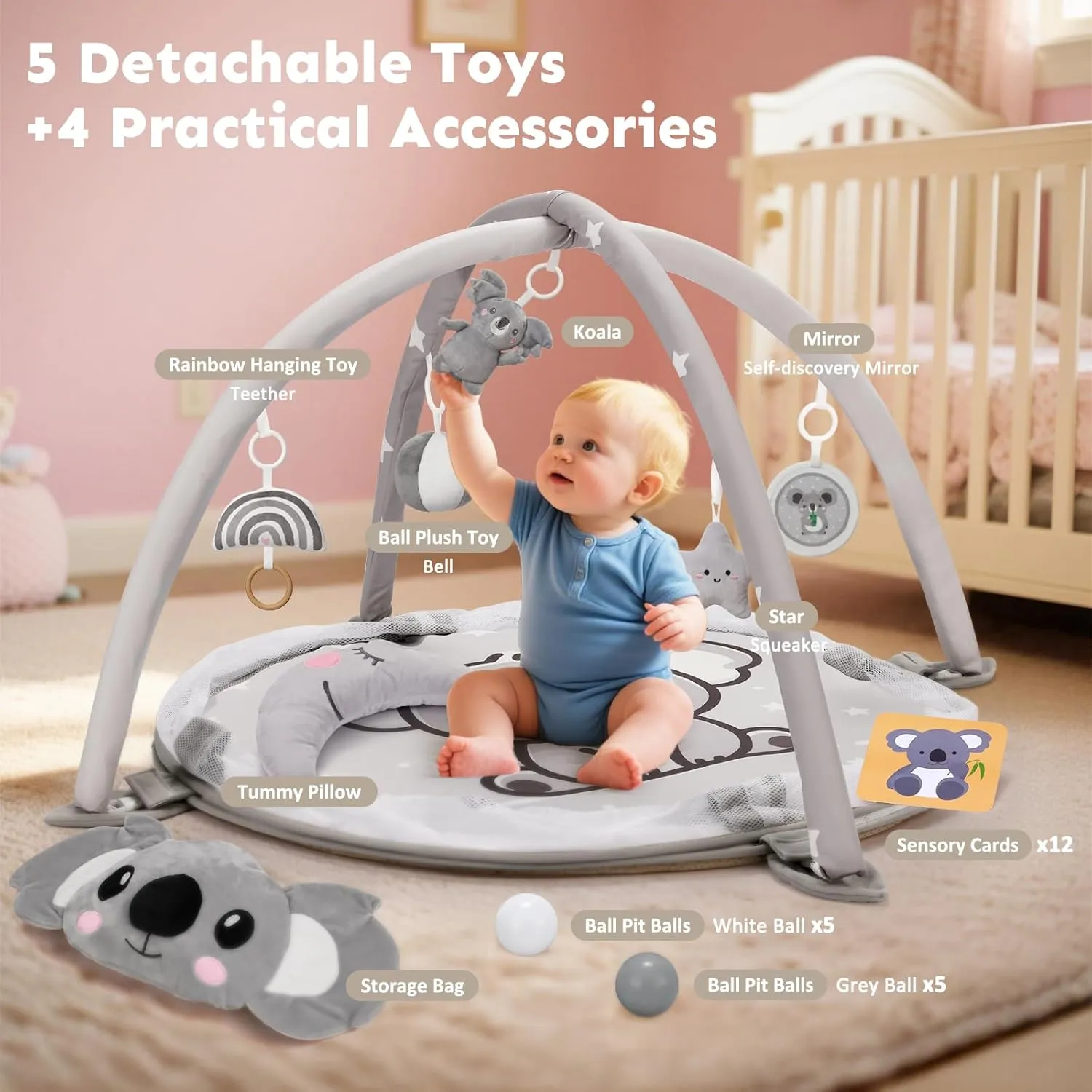 7-in-1 XL Large Baby Play Gym Mat, Tummy Time Mat, Baby Activity Mat, Baby Gym & Ball Pit with Tummy Time Pillow, 10 Balls, Milestone Cards & 5 Detachable Toys Grey Koala