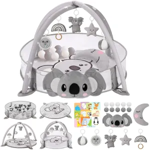 7-in-1 XL Large Baby Play Gym Mat, Tummy Time Mat, Baby Activity Mat, Baby Gym & Ball Pit with Tummy Time Pillow, 10 Balls, Milestone Cards & 5 Detachable Toys Grey Koala