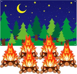 7 x 5 ft Forest Scene Camping Backdrop Photography and 6 Sets 3D Fake Fire Flames Cardboard Campfire Centerpiece, Artificial Background Camping Theme Party Decorations