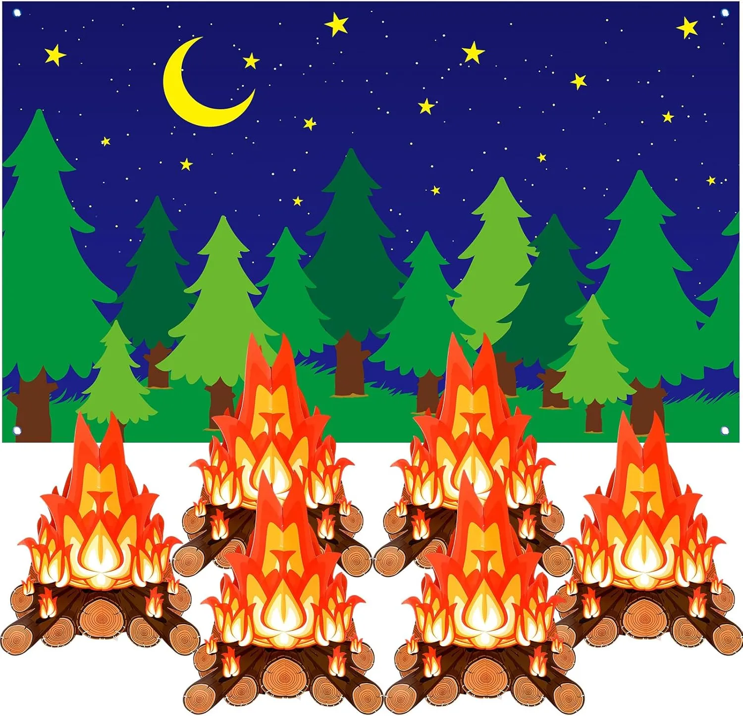 7 x 5 ft Forest Scene Camping Backdrop Photography and 6 Sets 3D Fake Fire Flames Cardboard Campfire Centerpiece, Artificial Background Camping Theme Party Decorations