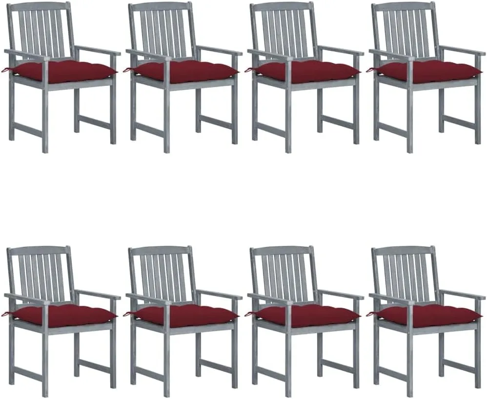 8-Piece Solid Acacia Wood Patio Chair Set with Wine Red Cushions, Gray Outdoor Furniture for Poolside Lounging, Backyard Dining and Beach Camping
