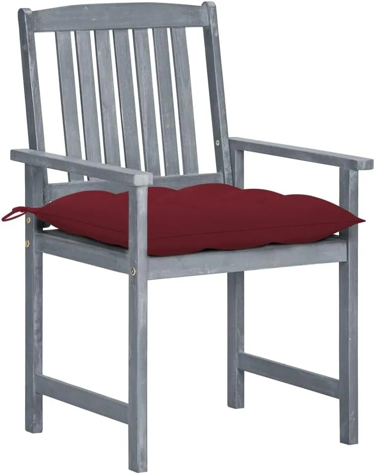 8-Piece Solid Acacia Wood Patio Chair Set with Wine Red Cushions, Gray Outdoor Furniture for Poolside Lounging, Backyard Dining and Beach Camping