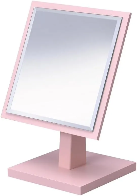 9.5" Tall Pedestal Make-Up Mirror with Polyresin and Wood Base, Pastel Pink Finish