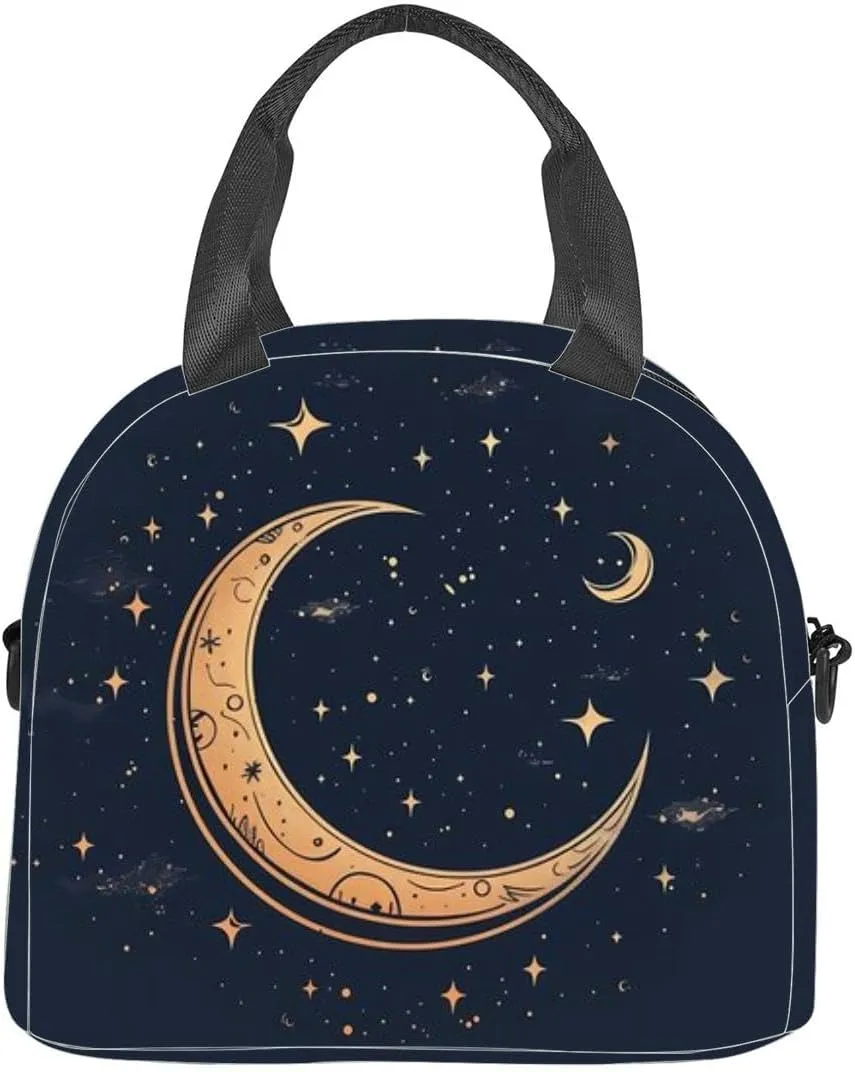A beautiful a crescent moon and stars Insulated Adult Lunch Bag with Shoulder Strap for Women Lightweight Reusable Portable Freezable Lunch Tote Bag for Work Picnic