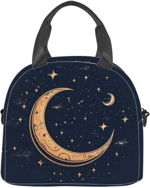 A beautiful a crescent moon and stars Insulated Adult Lunch Bag with Shoulder Strap for Women Lightweight Reusable Portable Freezable Lunch Tote Bag for Work Picnic