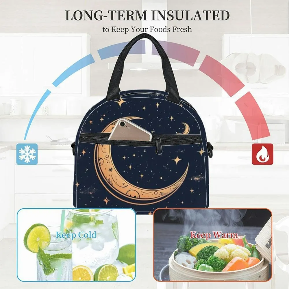 A beautiful a crescent moon and stars Insulated Adult Lunch Bag with Shoulder Strap for Women Lightweight Reusable Portable Freezable Lunch Tote Bag for Work Picnic