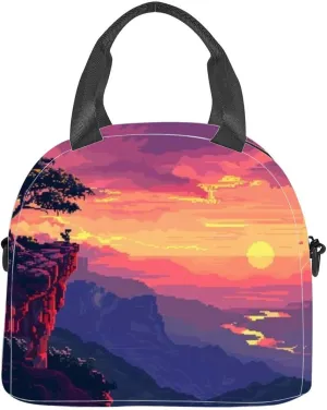 A pixel art landscape featuring a sunset over a mountainous terrain Insulated Adult Lunch Bag with Shoulder Strap for Women Lightweight Reusable Portable Freezable Lunch Tote Bag for Work Picnic