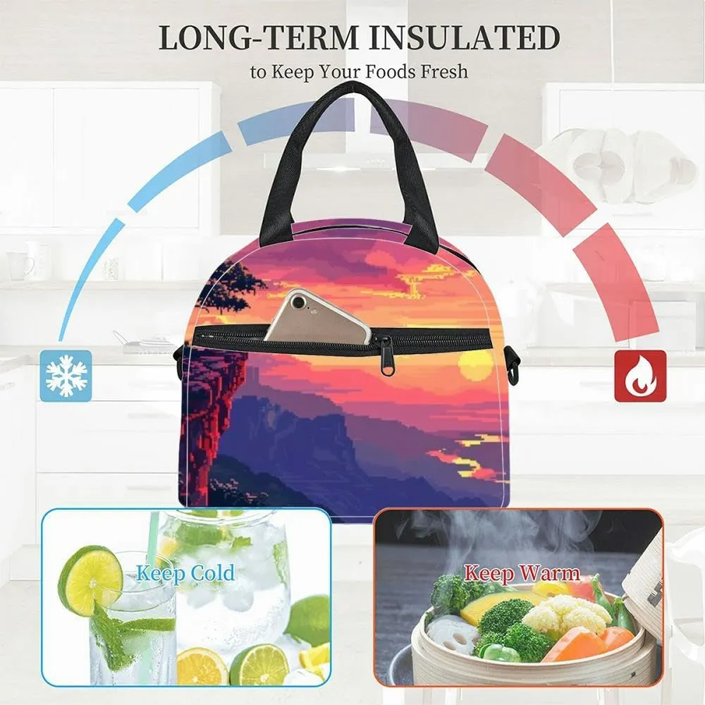 A pixel art landscape featuring a sunset over a mountainous terrain Insulated Adult Lunch Bag with Shoulder Strap for Women Lightweight Reusable Portable Freezable Lunch Tote Bag for Work Picnic