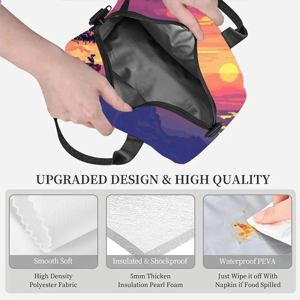 A pixel art landscape featuring a sunset over a mountainous terrain Insulated Adult Lunch Bag with Shoulder Strap for Women Lightweight Reusable Portable Freezable Lunch Tote Bag for Work Picnic