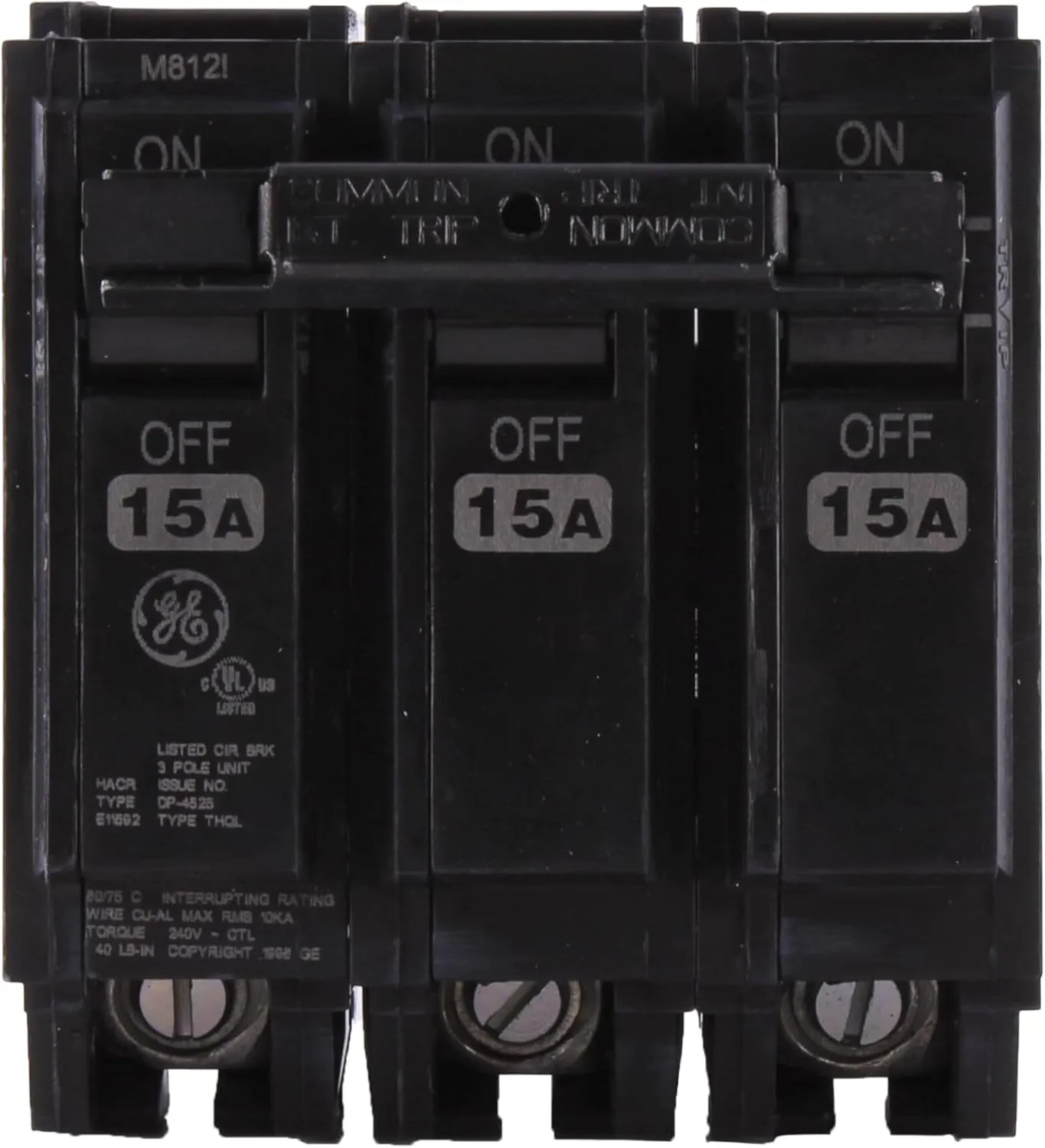 ABB Q-Line® THQL32015 Circuit Breaker • 15A/3-Pole Configuration • 120/240 VAC, 10 kAIC • Thermal Magnetic Trip • Quick-Make/Quick-Break Mechanism • Plug-in Mount