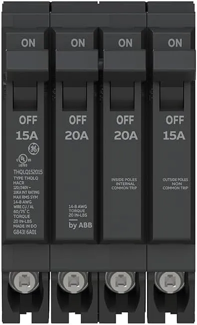 ABB Q-Line® THQLQ152015 Quad Circuit Breaker • 15A/1P, 20A/2P, & 15A/1P Configuration • 120/240 VAC, 10 kAIC • Thermal Magnetic Trip • Space-Saving Plug-in Mount Type