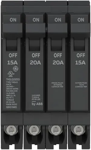 ABB Q-Line® THQLQ152015 Quad Circuit Breaker • 15A/1P, 20A/2P, & 15A/1P Configuration • 120/240 VAC, 10 kAIC • Thermal Magnetic Trip • Space-Saving Plug-in Mount Type