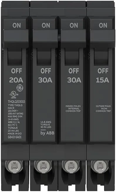 ABB Q-Line® THQLQ203020 Quad Circuit Breaker • 20A/1P & 30A/2P & 20A/1P Configuration • 120/240 VAC, 10 kAIC • Space-Saving Plug-in Mount • Durable Design for Copper & Aluminum Wiring