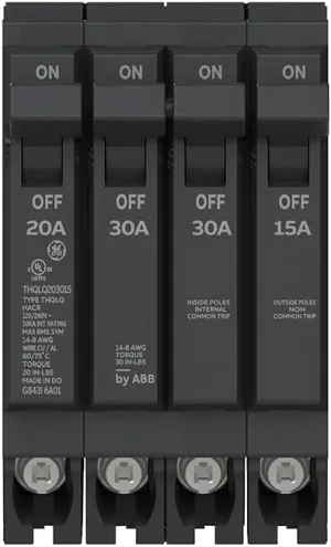 ABB Q-Line® THQLQ203020 Quad Circuit Breaker • 20A/1P & 30A/2P & 20A/1P Configuration • 120/240 VAC, 10 kAIC • Space-Saving Plug-in Mount • Durable Design for Copper & Aluminum Wiring