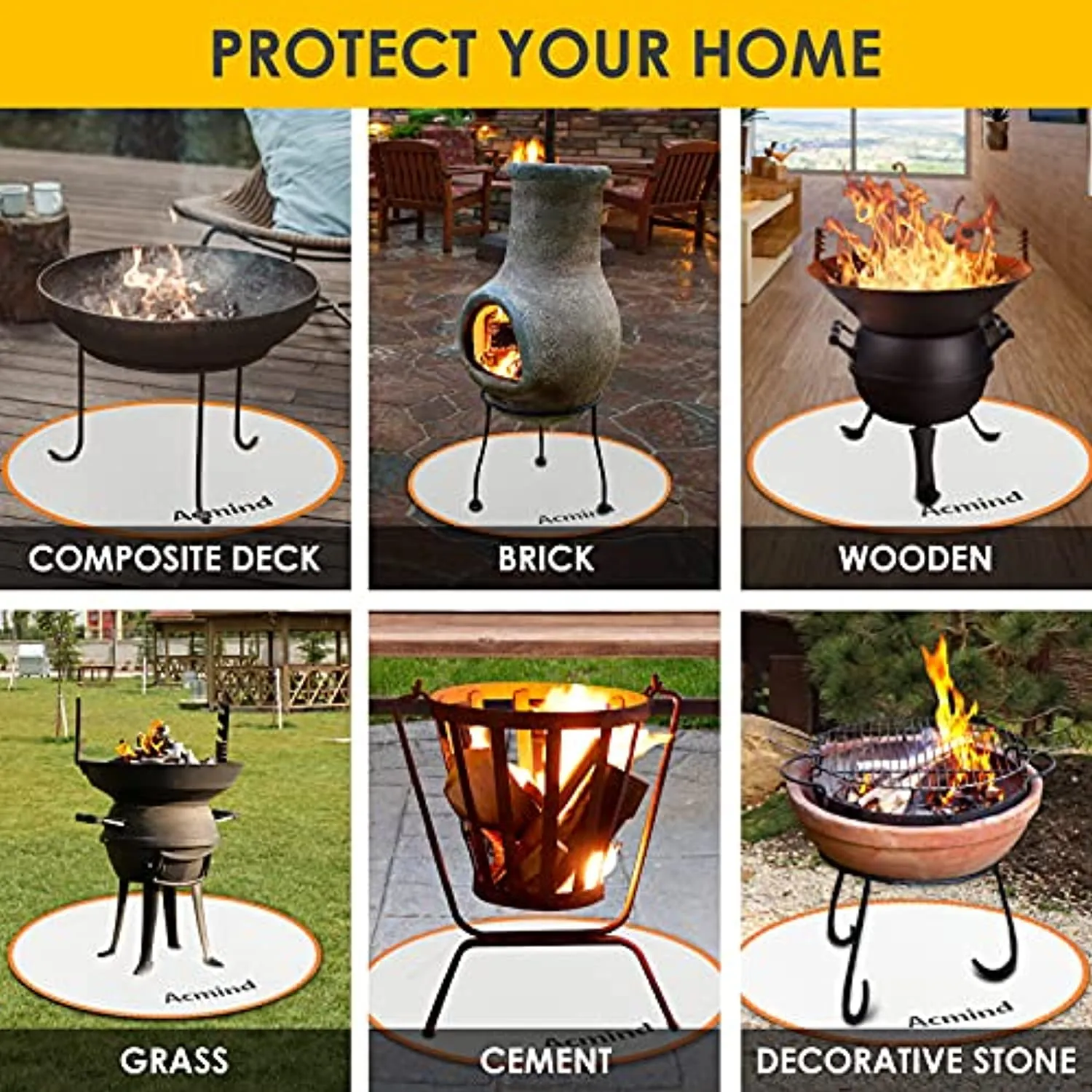 Acmind 24 Inch Fire Pit Mat for Under Fire Pit, Fireproof Grill Mat Round for Grass Wood Deck Protector,Double Sided Fire Resistant Mat with Aluminum Foil for Outdoors