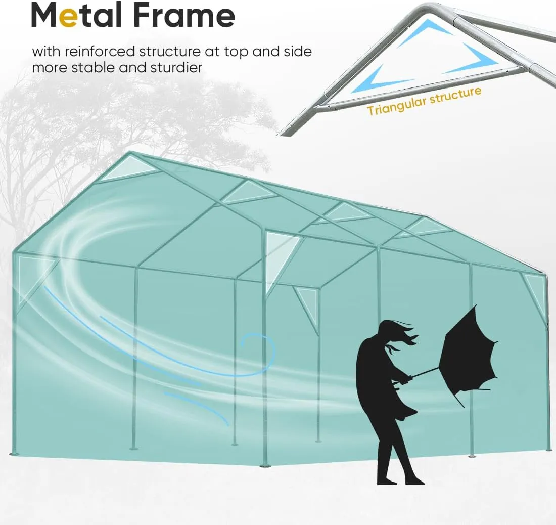 ADVANCE OUTDOOR 12x20 ft Heavy Duty Adjustable Height Carport with 6 Roll-up Ventilated Windows & Removable Sidewalls Car Canopy Garage Boat Shelter Party Tent, Peak Height from 9.5ft to 11ft, Green