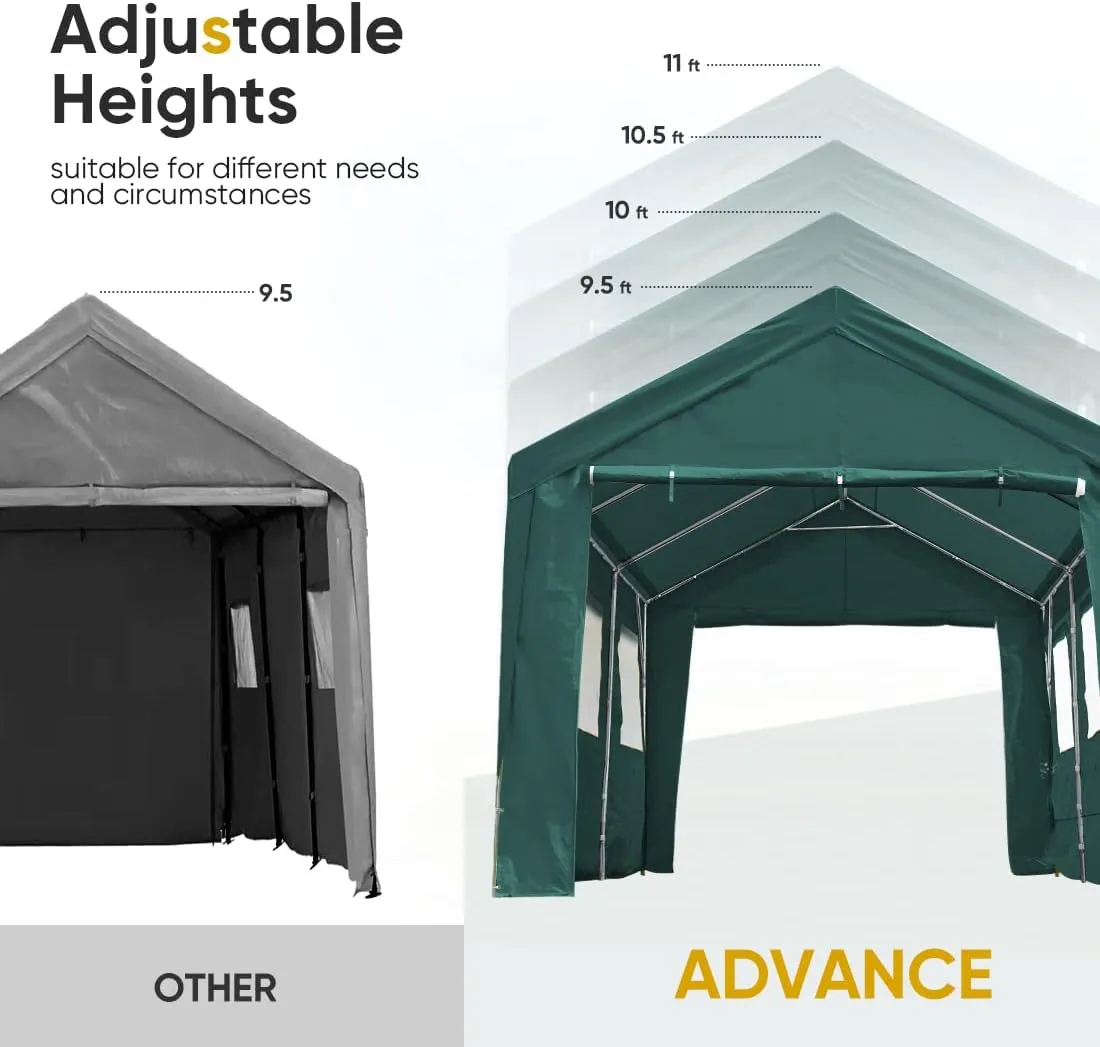 ADVANCE OUTDOOR 12x20 ft Heavy Duty Adjustable Height Carport with 6 Roll-up Ventilated Windows & Removable Sidewalls Car Canopy Garage Boat Shelter Party Tent, Peak Height from 9.5ft to 11ft, Green