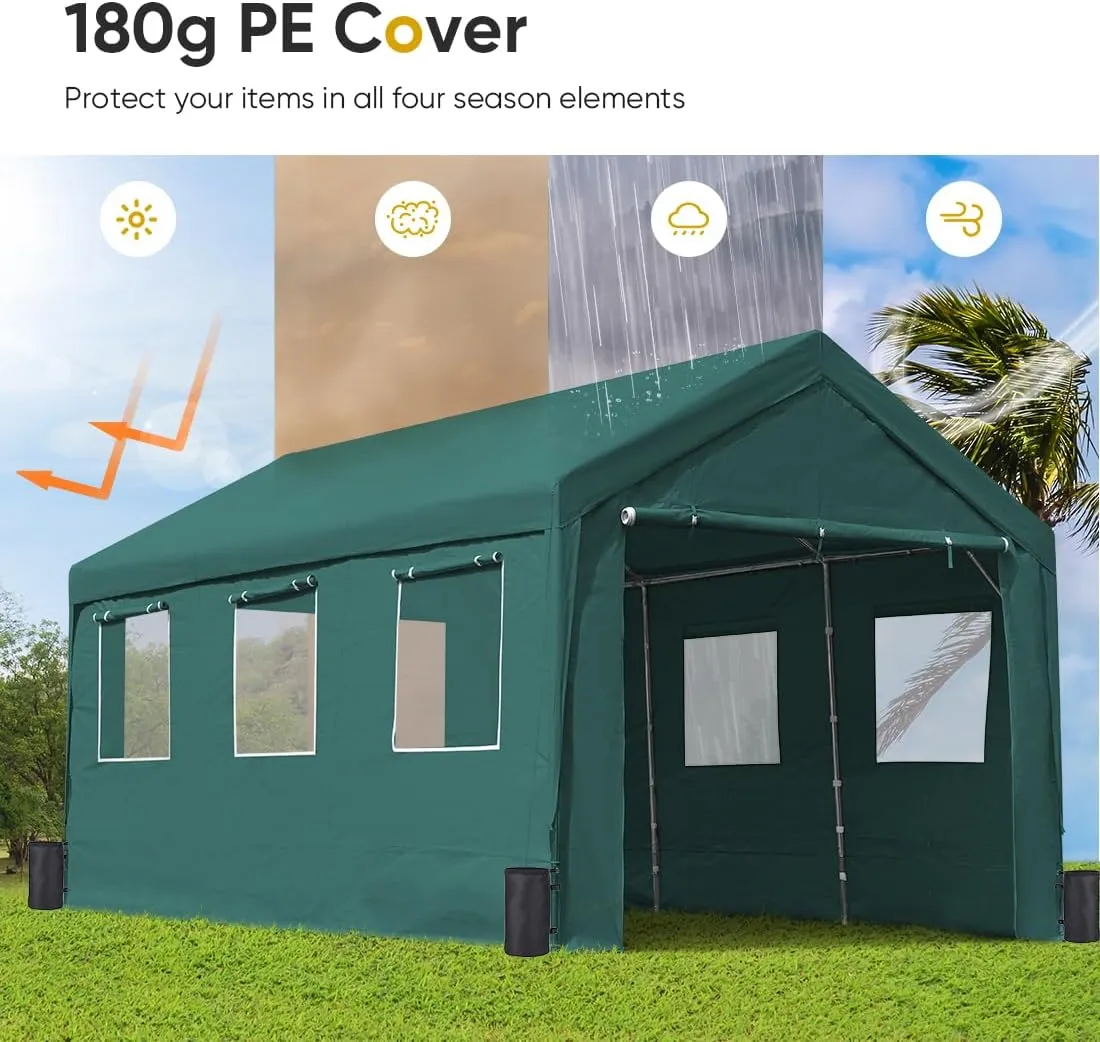 ADVANCE OUTDOOR 12x20 ft Heavy Duty Adjustable Height Carport with 6 Roll-up Ventilated Windows & Removable Sidewalls Car Canopy Garage Boat Shelter Party Tent, Peak Height from 9.5ft to 11ft, Green