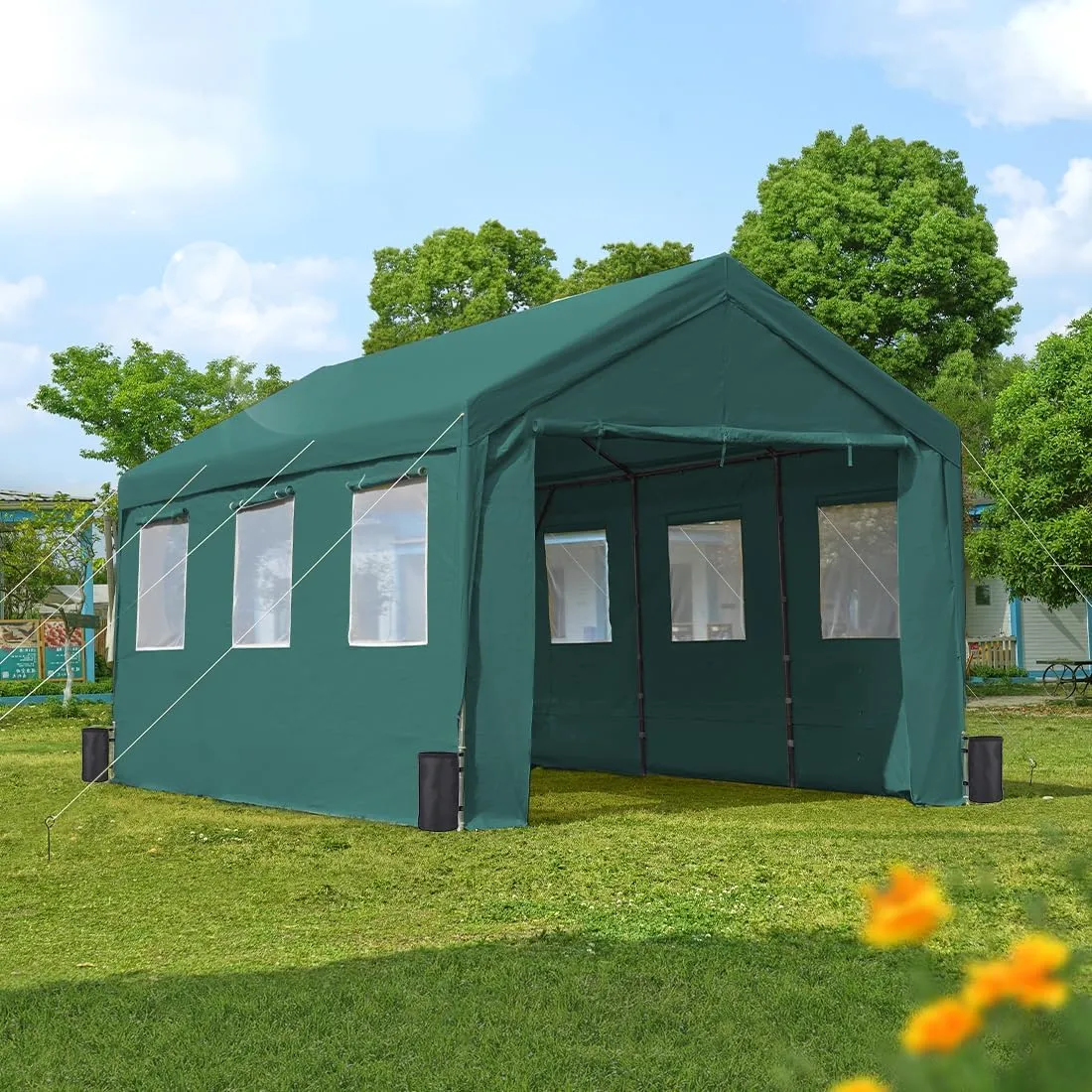 ADVANCE OUTDOOR 12x20 ft Heavy Duty Adjustable Height Carport with 6 Roll-up Ventilated Windows & Removable Sidewalls Car Canopy Garage Boat Shelter Party Tent, Peak Height from 9.5ft to 11ft, Green