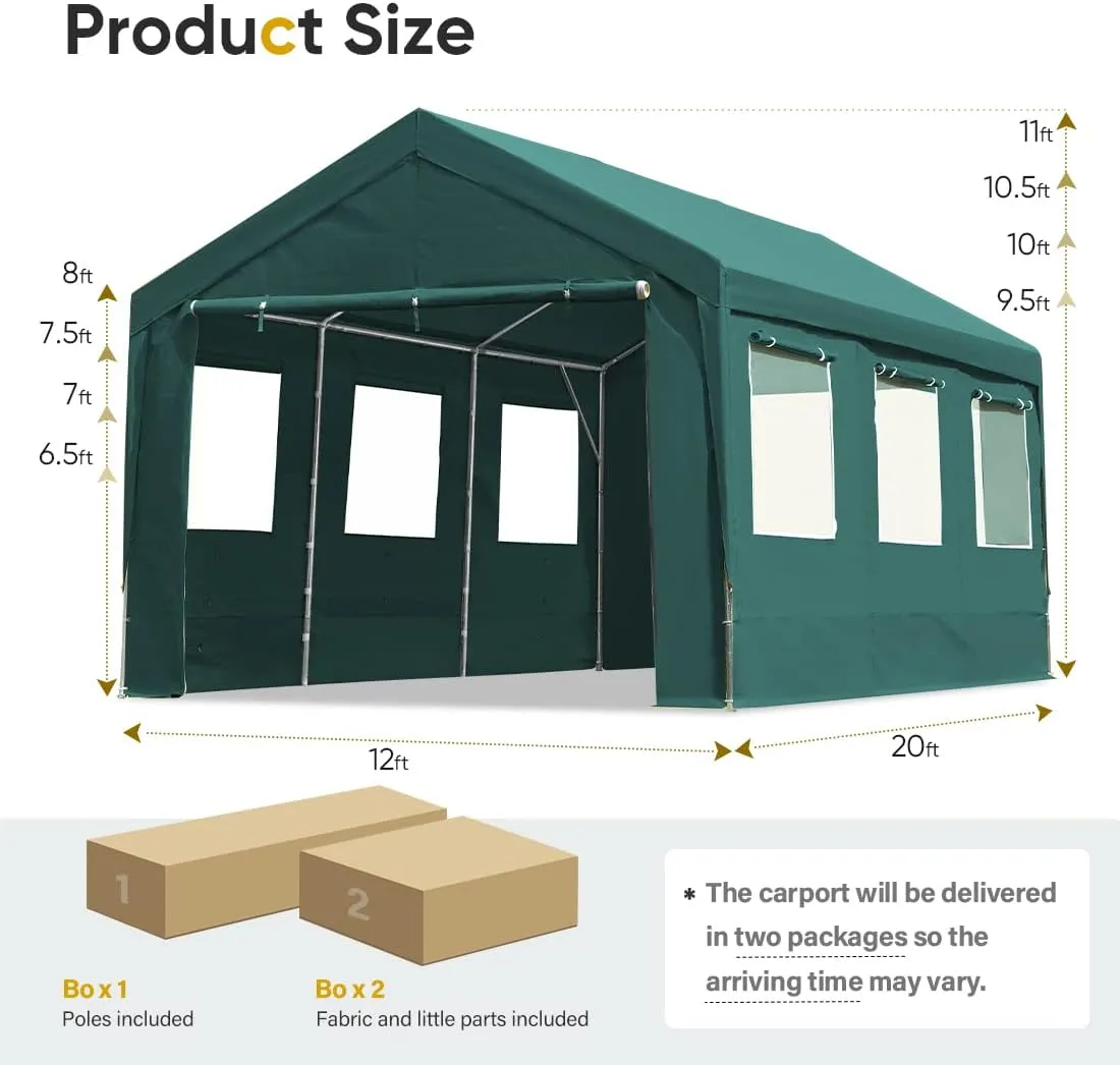 ADVANCE OUTDOOR 12x20 ft Heavy Duty Adjustable Height Carport with 6 Roll-up Ventilated Windows & Removable Sidewalls Car Canopy Garage Boat Shelter Party Tent, Peak Height from 9.5ft to 11ft, Green