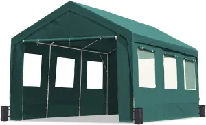 ADVANCE OUTDOOR 12x20 ft Heavy Duty Adjustable Height Carport with 6 Roll-up Ventilated Windows & Removable Sidewalls Car Canopy Garage Boat Shelter Party Tent, Peak Height from 9.5ft to 11ft, Green