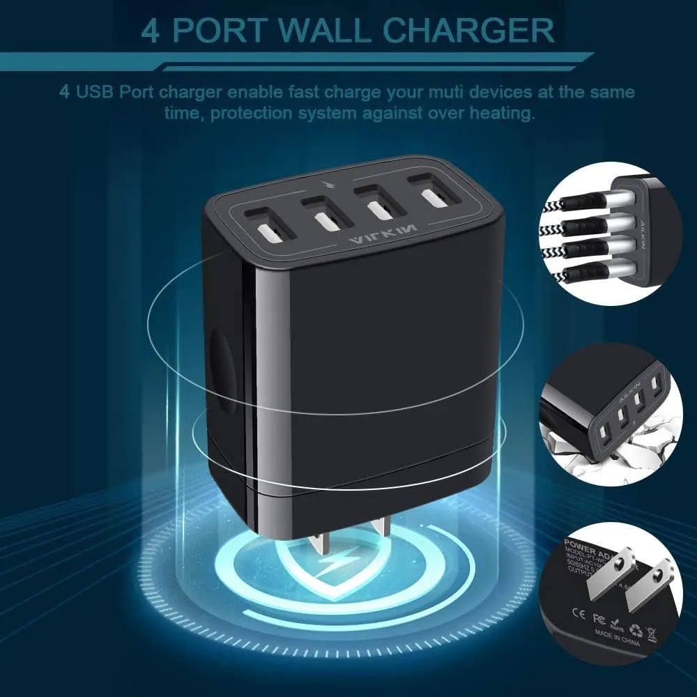 AILKIN 4.8A 4-Port USB Plug Cube Brick Charging Box Wall Charger - 2-Pack, Compatible with iPhone 15/14/13 Pro Max, Samsung Galaxy S23/S22/S21/S20