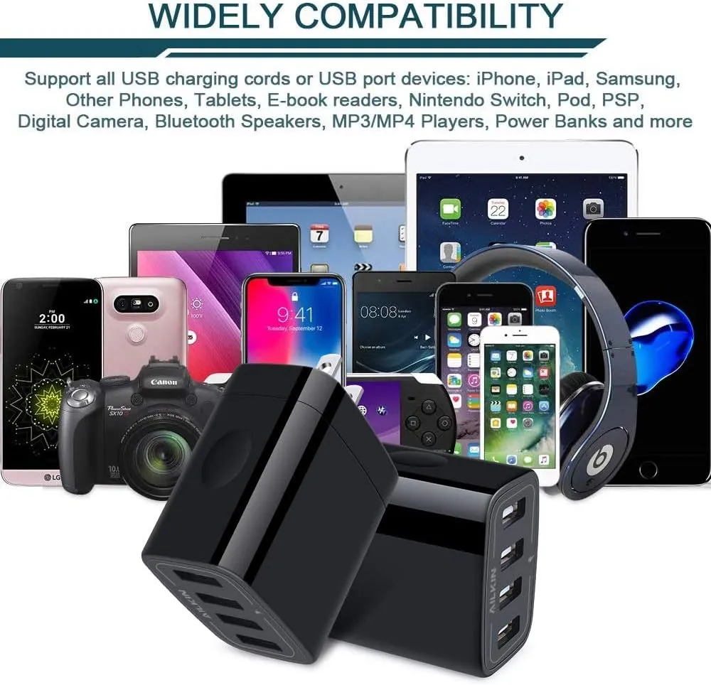 AILKIN 4.8A 4-Port USB Plug Cube Brick Charging Box Wall Charger - 2-Pack, Compatible with iPhone 15/14/13 Pro Max, Samsung Galaxy S23/S22/S21/S20