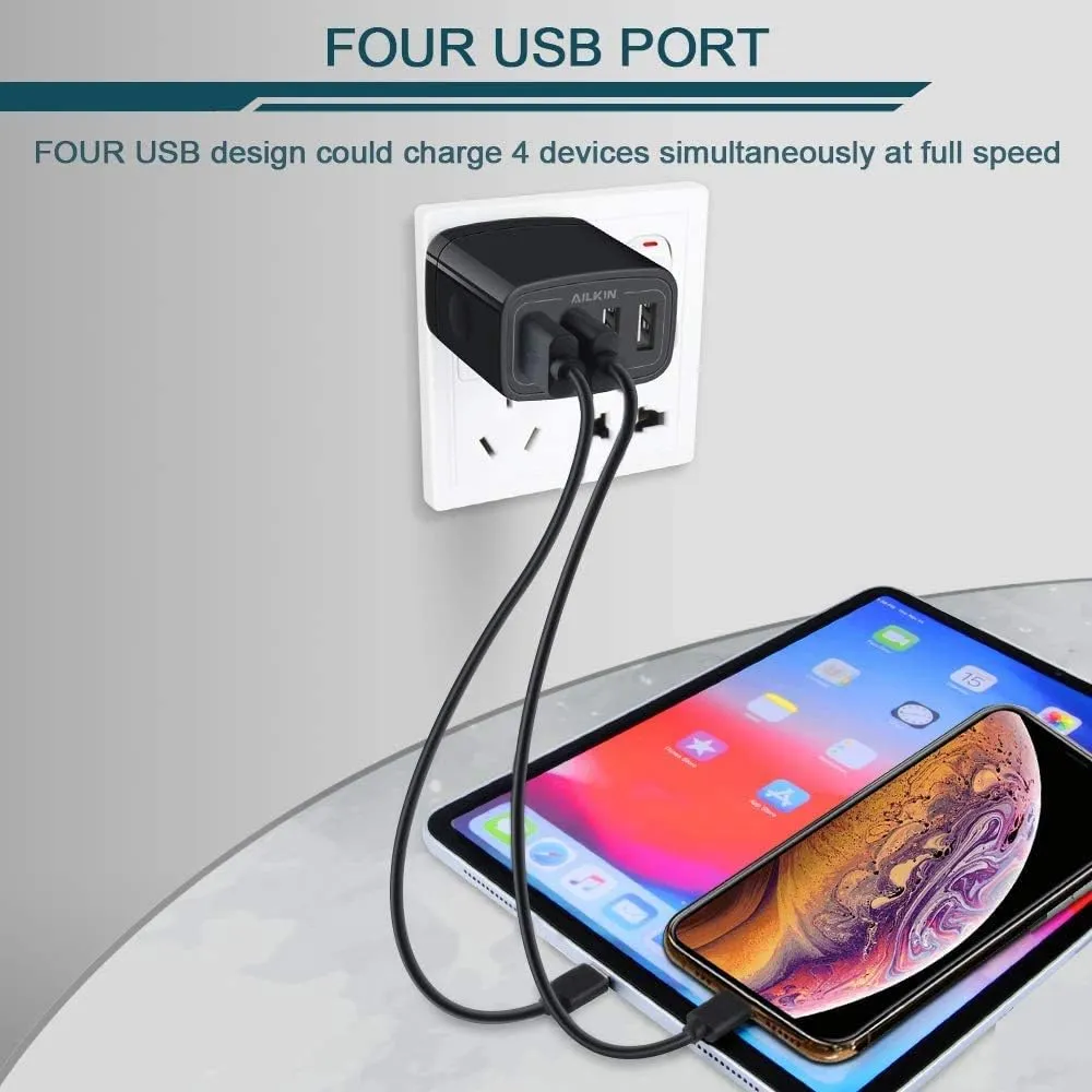 AILKIN 4.8A 4-Port USB Plug Cube Brick Charging Box Wall Charger - 2-Pack, Compatible with iPhone 15/14/13 Pro Max, Samsung Galaxy S23/S22/S21/S20