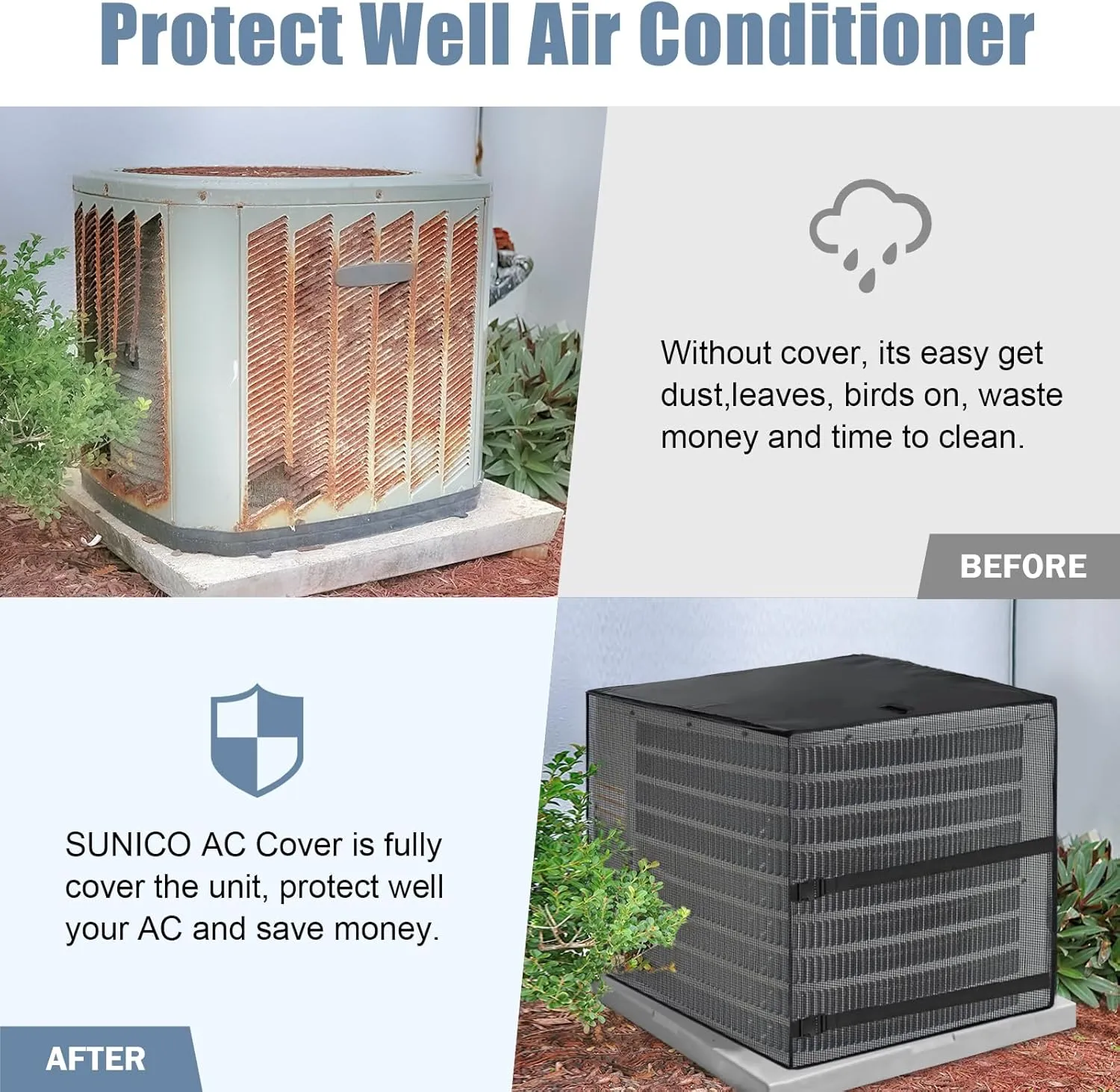 Air Conditioner Covers for Outside, Breathable Full Mesh With Waterproof Top Air Conditioner Cover for All Seasons, AC Unit Cover Protect from Cotttonwood Fluff, Leaves, Debris, 32x32x36 Inch-Black
