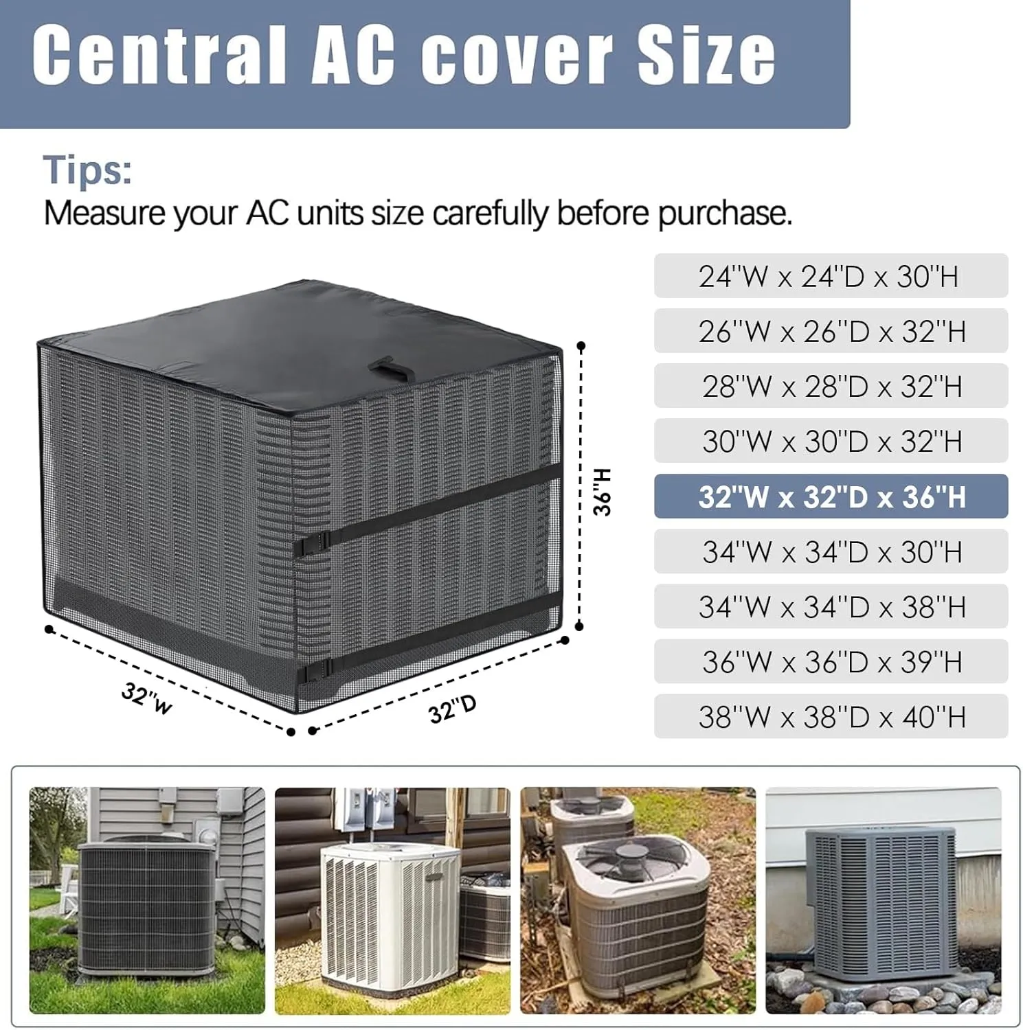 Air Conditioner Covers for Outside, Breathable Full Mesh With Waterproof Top Air Conditioner Cover for All Seasons, AC Unit Cover Protect from Cotttonwood Fluff, Leaves, Debris, 32x32x36 Inch-Black