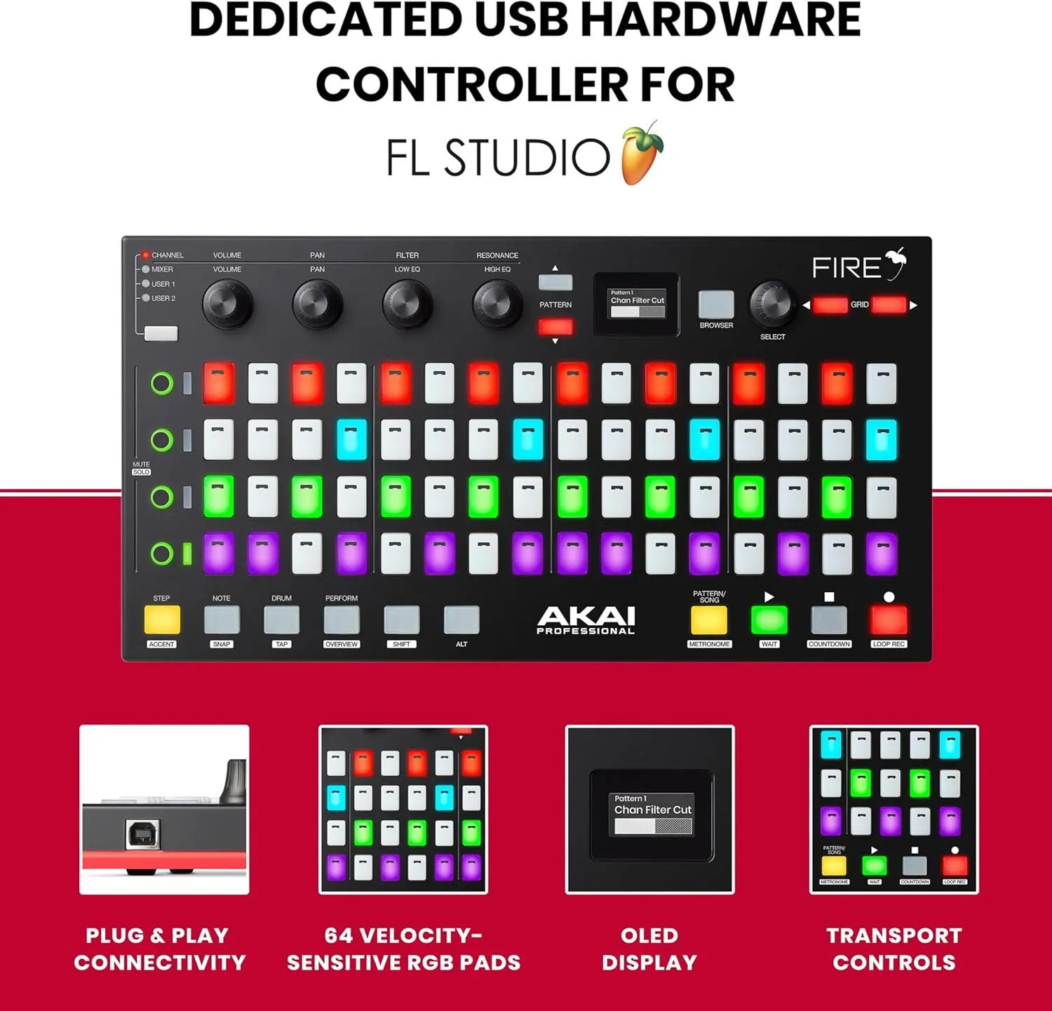 AKAI Professional Fire (Controller Only) – USB MIDI Controller for FL Studio with 64 pad RGB Clip / Drum Pad Matrix
