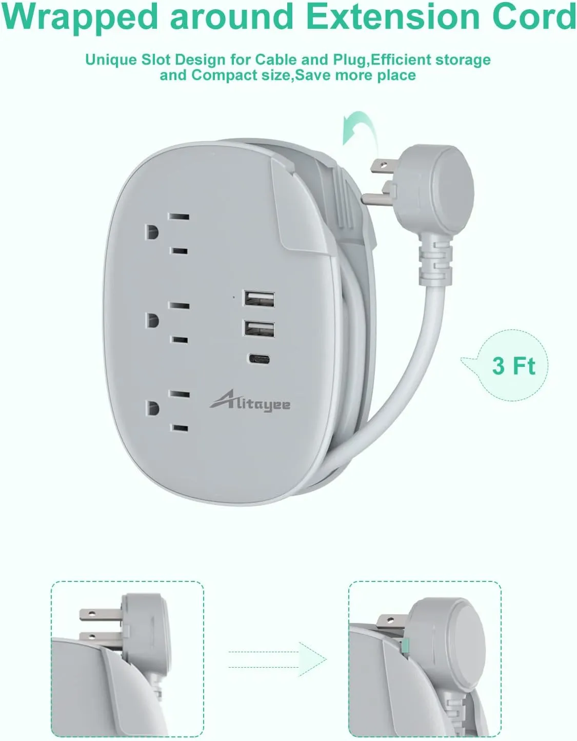 Alitayee USB C Portable Travel Power Strip with 3 Outlets 3 USB Ports Fast Charge, USB Extendable Outlet Extender with Flat Plug and 3ft Wrapped Around Extension Cord for Cruise Travel Home Office