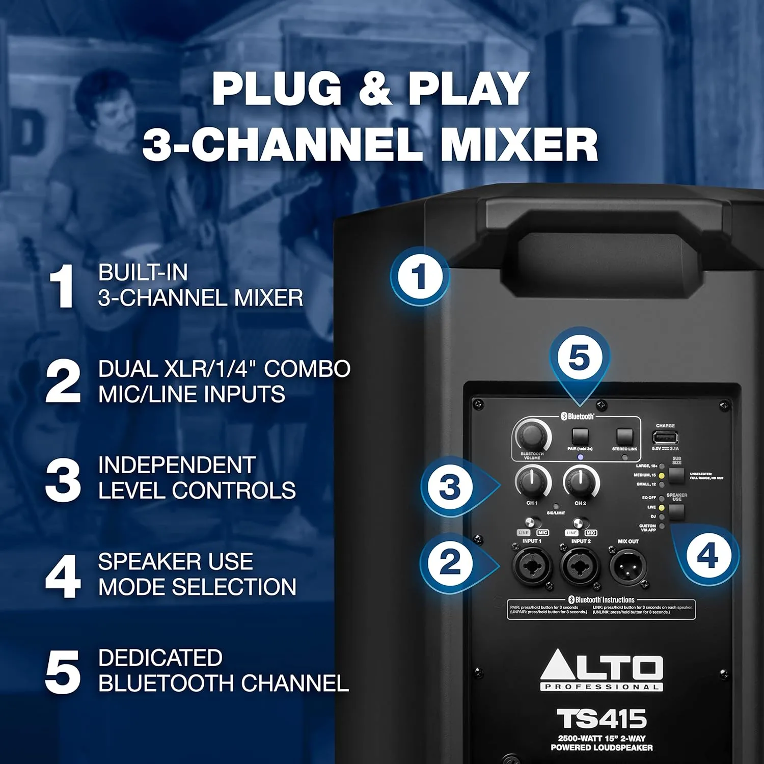 ALTO TS415 - 2500W 15" Powered PA Speaker with 3 Channel Mixer, Bluetooth Streaming, Wireless Loudspeaker Linking, DSP and ALTO App