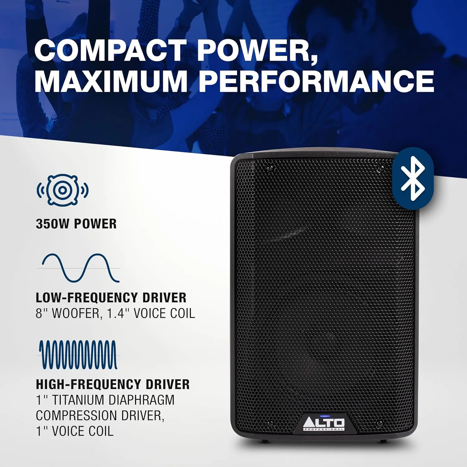 ALTO TX408 350W 8-Inch Powered PA Speaker with Bluetooth, 2-Channel Mixer, Line Level for Mobile DJs and Musicians, for Small Venues, Rehearsals and Events