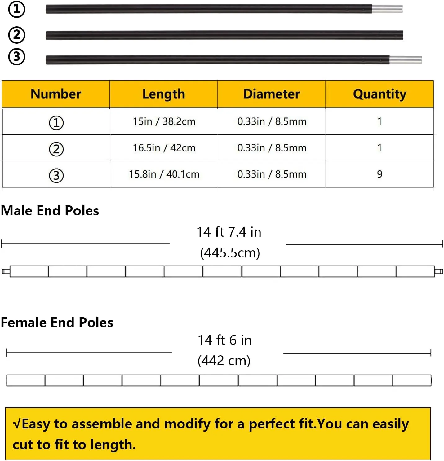 Aluminum Tent Poles Replacement,Pre-Assembled Tent Poles,Fits Both Female and Male Ends,7001 T6 Lightweight Tent Rod Repair Kit for Camping Hiking Backpacking Tent (14ft 7.4in)