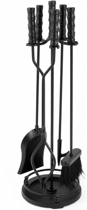 AMAGABELI GARDEN & HOME 5 Pieces Fireplace Tools Sets Wrought Iron Indoor Fireplace Set with Poker Tongs Broom Shovel Stand Fire Tools Outdoor Fire Place Fire Pit Hearth Accessories Sets Black