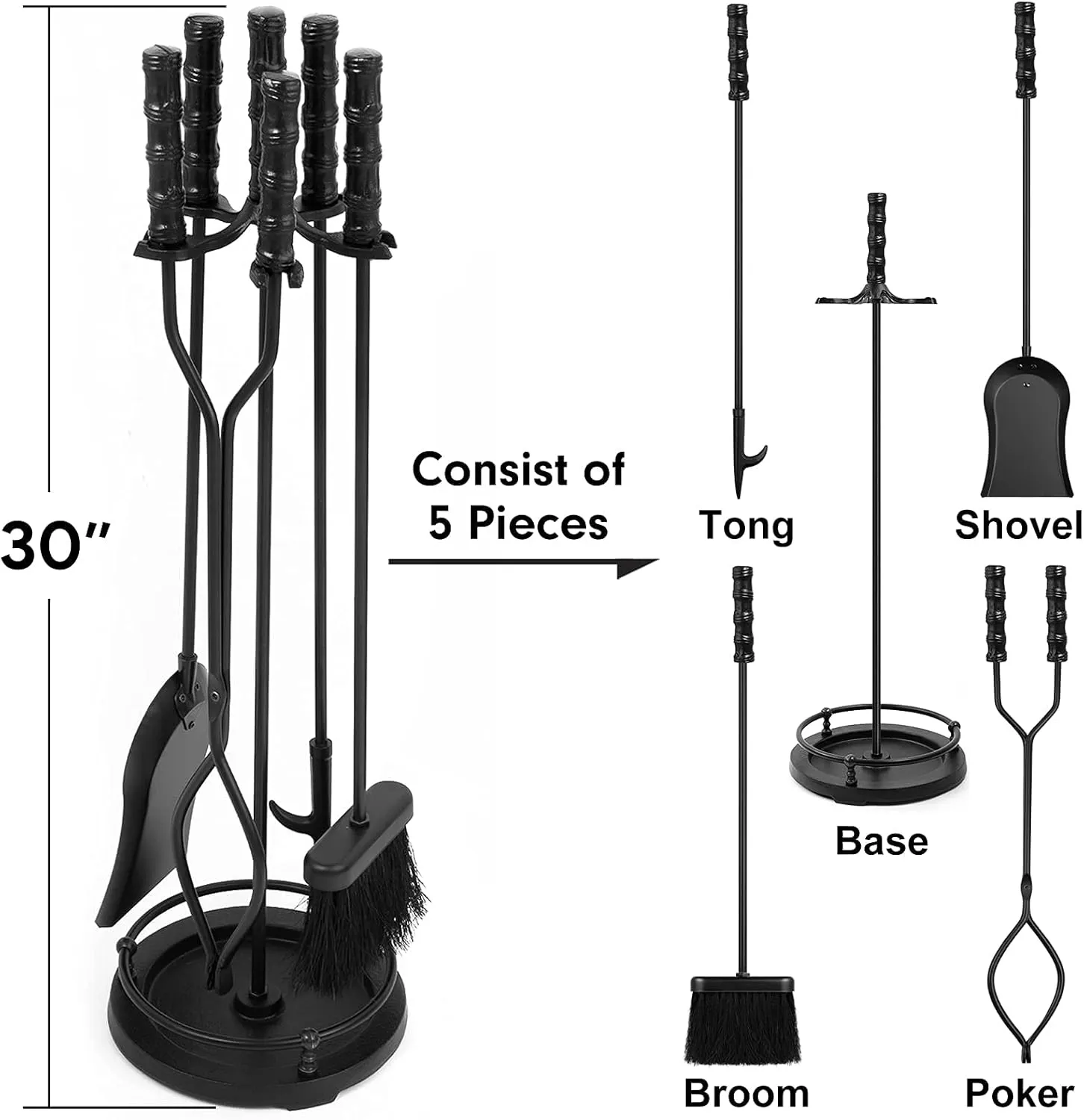 AMAGABELI GARDEN & HOME 5 Pieces Fireplace Tools Sets Wrought Iron Indoor Fireplace Set with Poker Tongs Broom Shovel Stand Fire Tools Outdoor Fire Place Fire Pit Hearth Accessories Sets Black