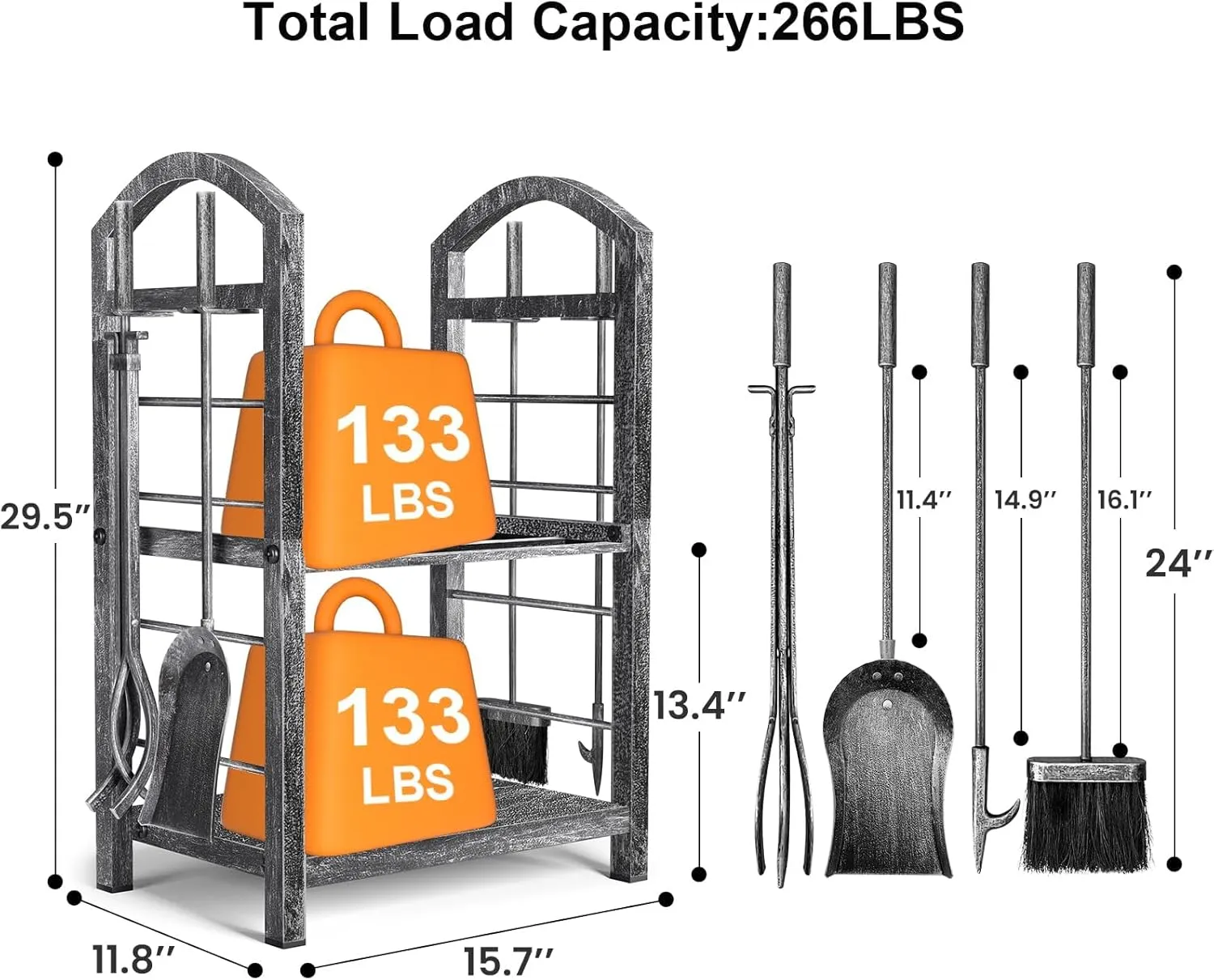 AMAGABELI GARDEN & HOME Firewood Rack with Tools 5-Piece Indoor Fireplace Wood Holders Outdoor Log Holder Rack Lumber Storage Stacking Stove Wrought Iron Large Logs Fireplace Tools Set Antique Silver