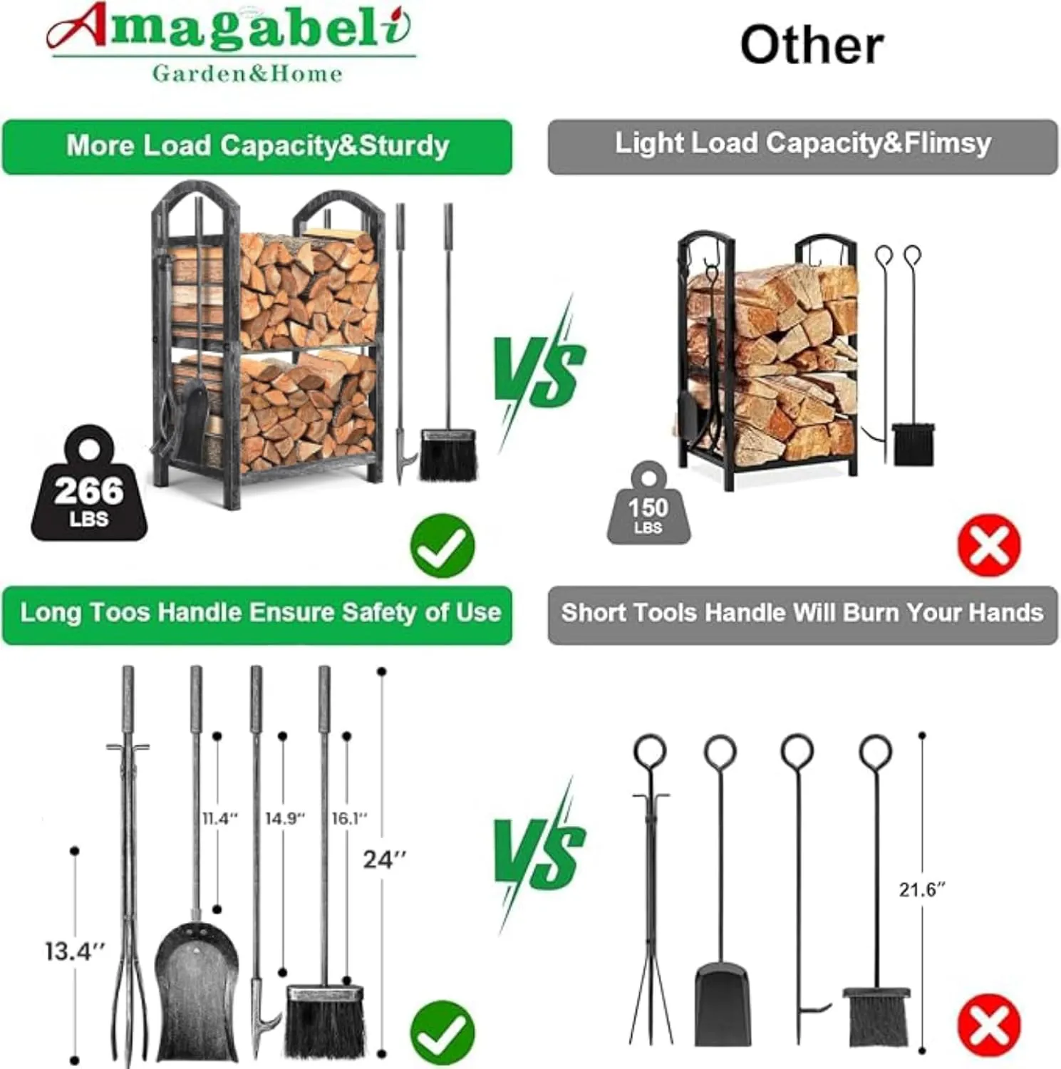 AMAGABELI GARDEN & HOME Firewood Rack with Tools 5-Piece Indoor Fireplace Wood Holders Outdoor Log Holder Rack Lumber Storage Stacking Stove Wrought Iron Large Logs Fireplace Tools Set Antique Silver