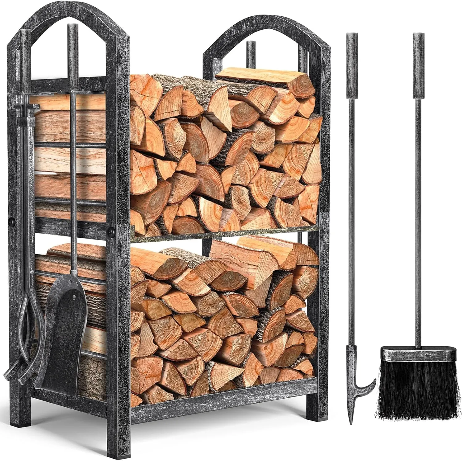 AMAGABELI GARDEN & HOME Firewood Rack with Tools 5-Piece Indoor Fireplace Wood Holders Outdoor Log Holder Rack Lumber Storage Stacking Stove Wrought Iron Large Logs Fireplace Tools Set Antique Silver