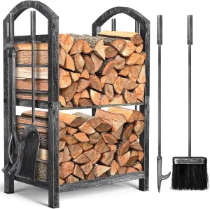 AMAGABELI GARDEN & HOME Firewood Rack with Tools 5-Piece Indoor Fireplace Wood Holders Outdoor Log Holder Rack Lumber Storage Stacking Stove Wrought Iron Large Logs Fireplace Tools Set Antique Silver