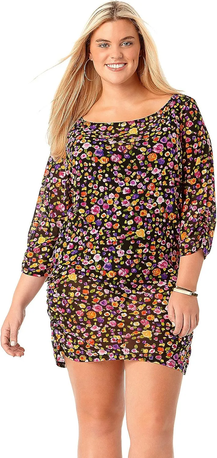 Anne Cole Women's Plus-Size Rosebud Mesh Boatneck Side-Shirred Cover-Up Dress