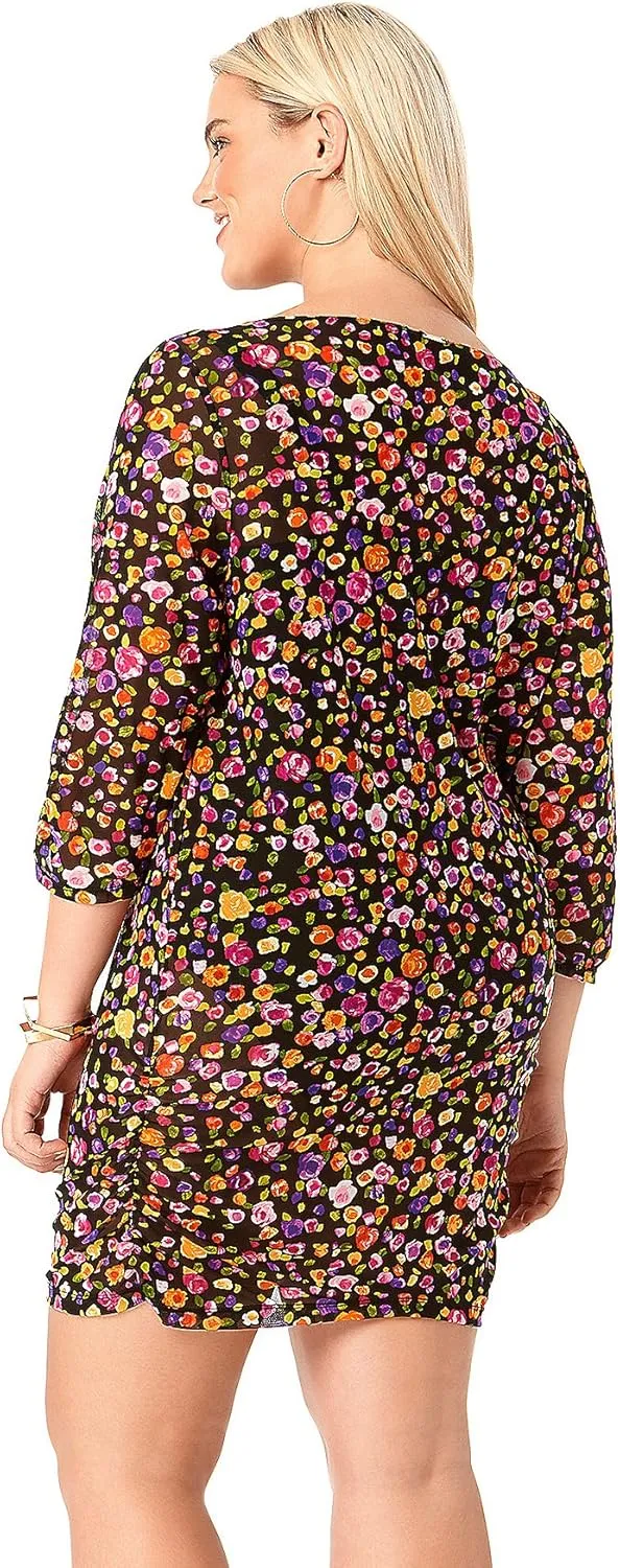 Anne Cole Women's Plus-Size Rosebud Mesh Boatneck Side-Shirred Cover-Up Dress