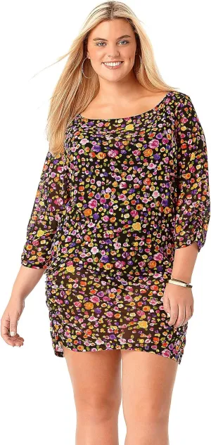 Anne Cole Women's Plus-Size Rosebud Mesh Boatneck Side-Shirred Cover-Up Dress