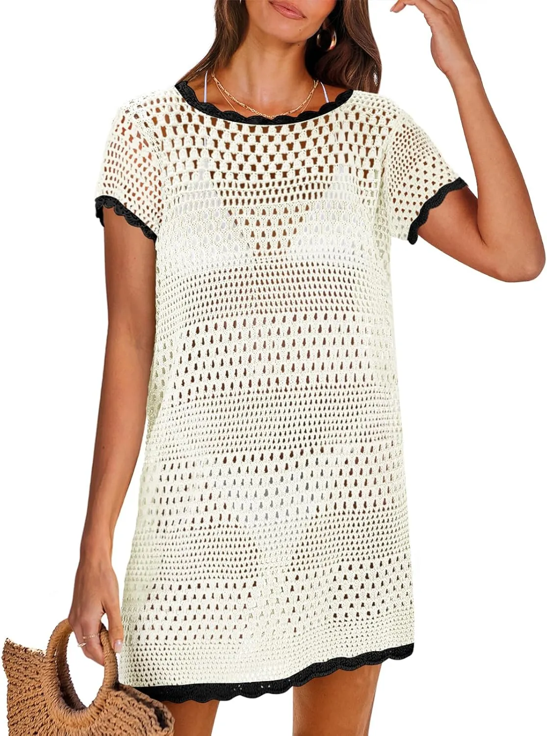 ANRABESS Swimsuit Cover Up for Women 2025 Crochet Bathing Suit Swimwear Mesh Knit Beach Dress Summer Vacation Outfit Clothes