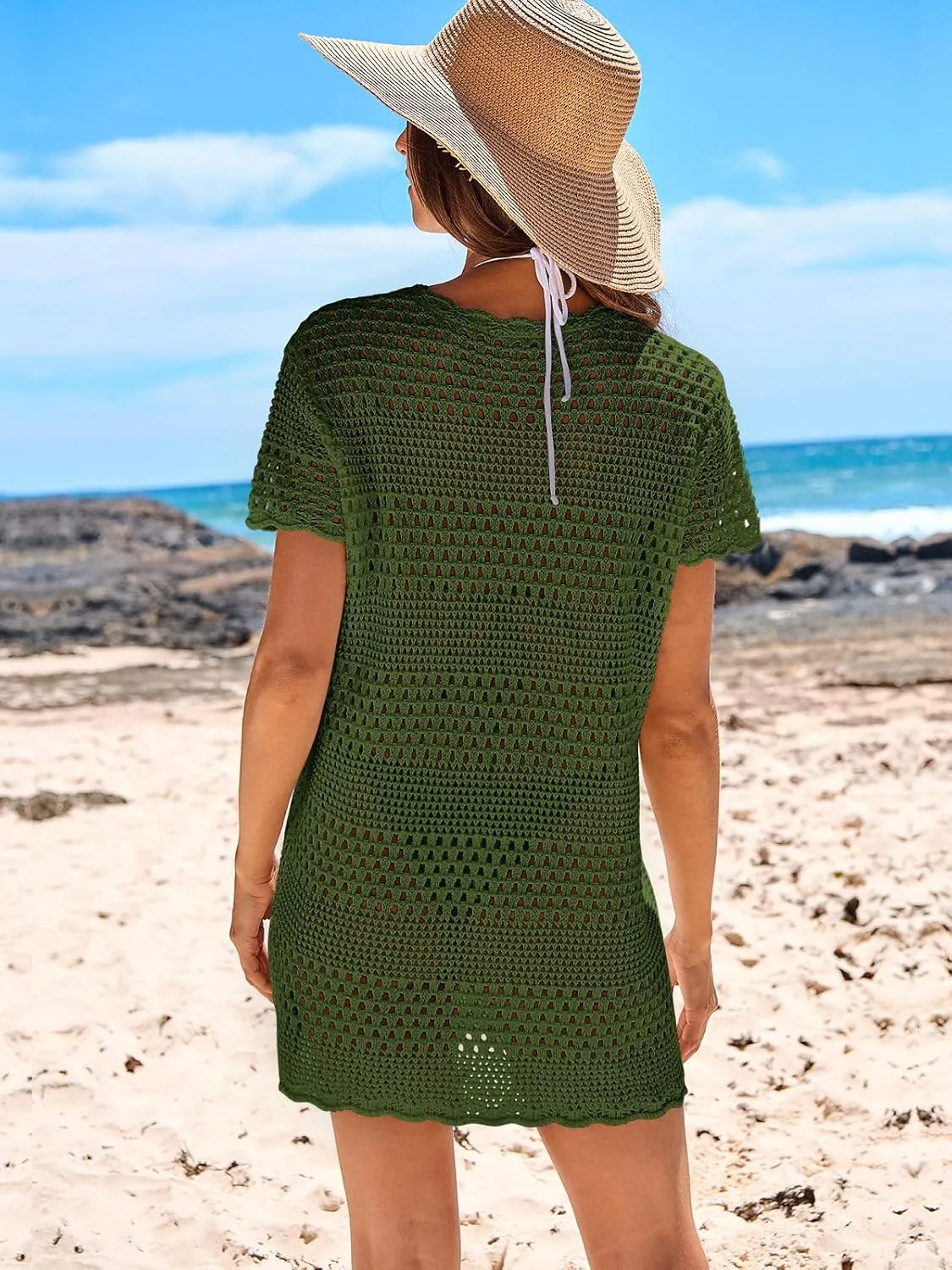 ANRABESS Swimsuit Cover Up for Women 2025 Crochet Bathing Suit Swimwear Mesh Knit Beach Dress Summer Vacation Outfit Clothes