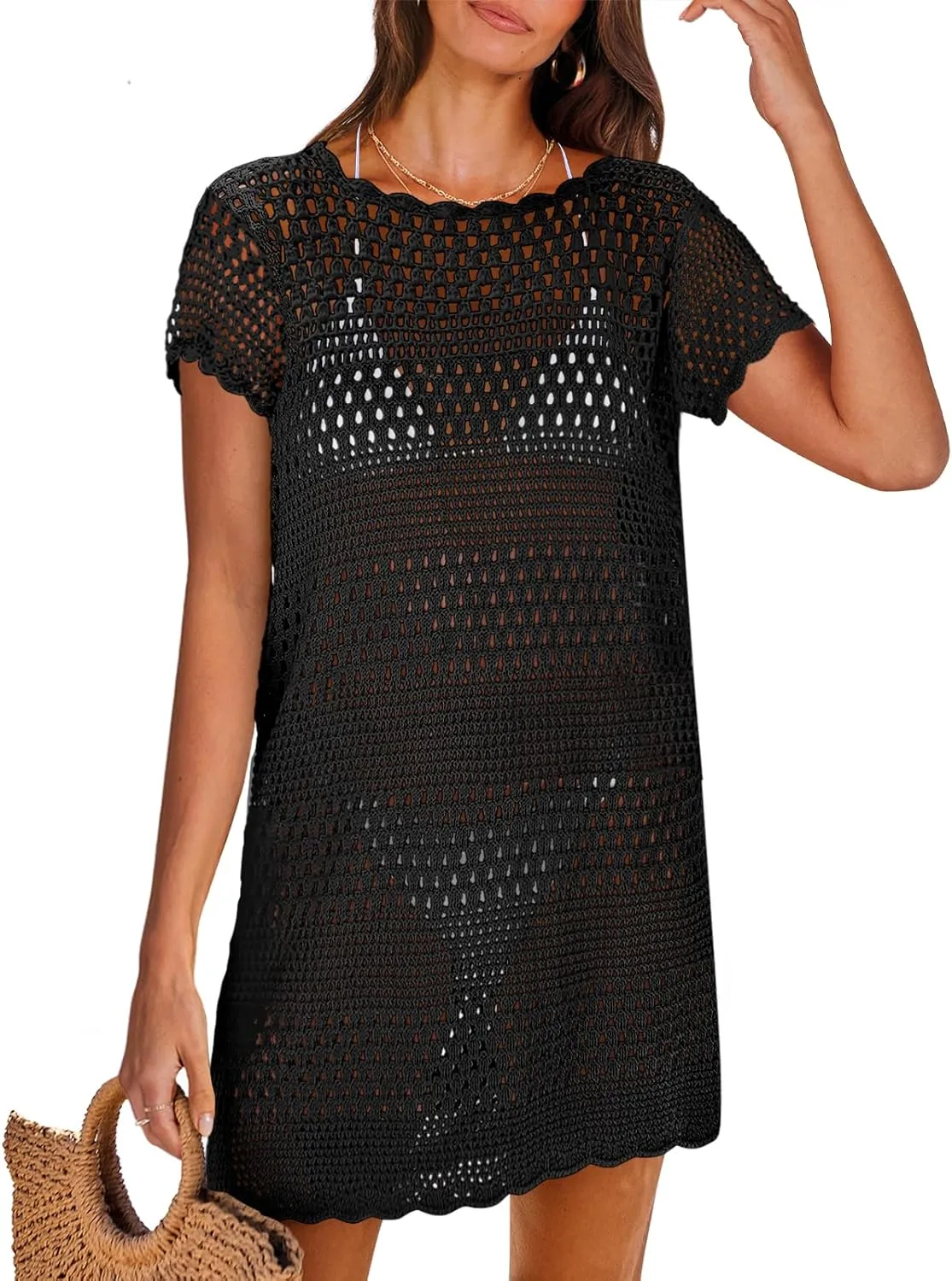 ANRABESS Swimsuit Cover Up for Women 2025 Crochet Bathing Suit Swimwear Mesh Knit Beach Dress Summer Vacation Outfit Clothes