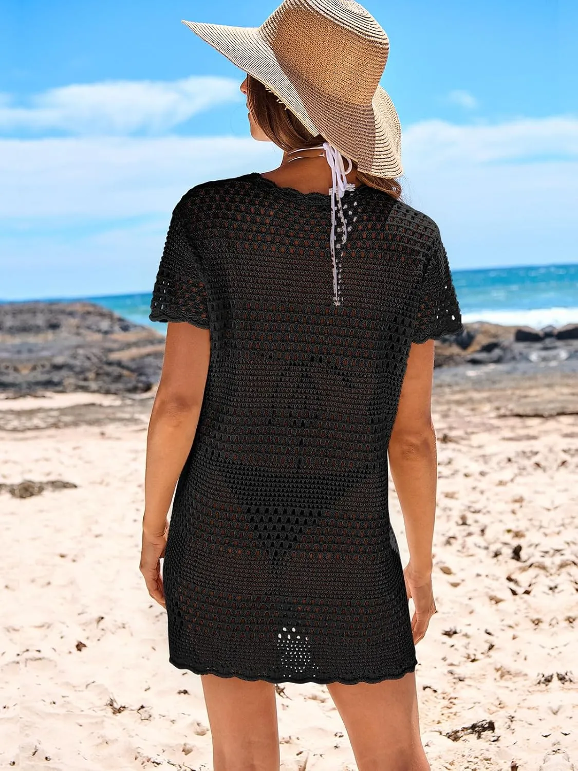 ANRABESS Swimsuit Cover Up for Women 2025 Crochet Bathing Suit Swimwear Mesh Knit Beach Dress Summer Vacation Outfit Clothes